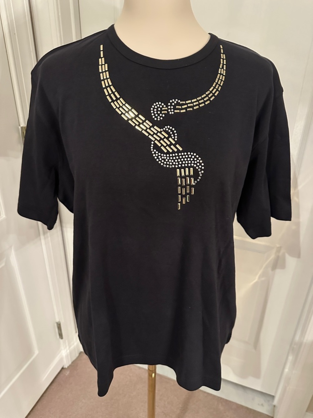 Vintage Las Olas Black Tee with Gold & Silver Rhinestone Necklace Motif Sz 1X